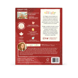 Back of a product packaging with text and branding on a red background