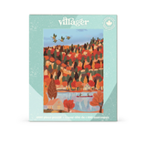A 1000-piece jigsaw puzzle box by Villager, featuring a colorful illustration of an autumn landscape with red and orange trees, a blue lake, and a canoe on the water.