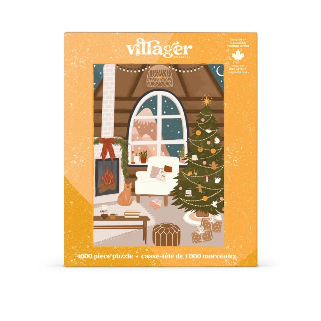 Villager Christmas puzzle box with a festive scene illustration on an orange background