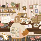 A cozy illustrated scene of a woman sitting at a sewing desk, viewed from behind. The room is filled with sewing and crafting items, including a sewing machine, fabric, books, plants, and a cat on the floor.