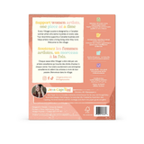 The back of a coral-pink paper puzzle packaging box, featuring product information, social media handles, a photo of the creator, and a barcode.