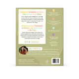 The back of a Villager puzzle box, featuring a sage green background with text in English and French, a photo of the designer Kourni Gaspard, and a barcode.