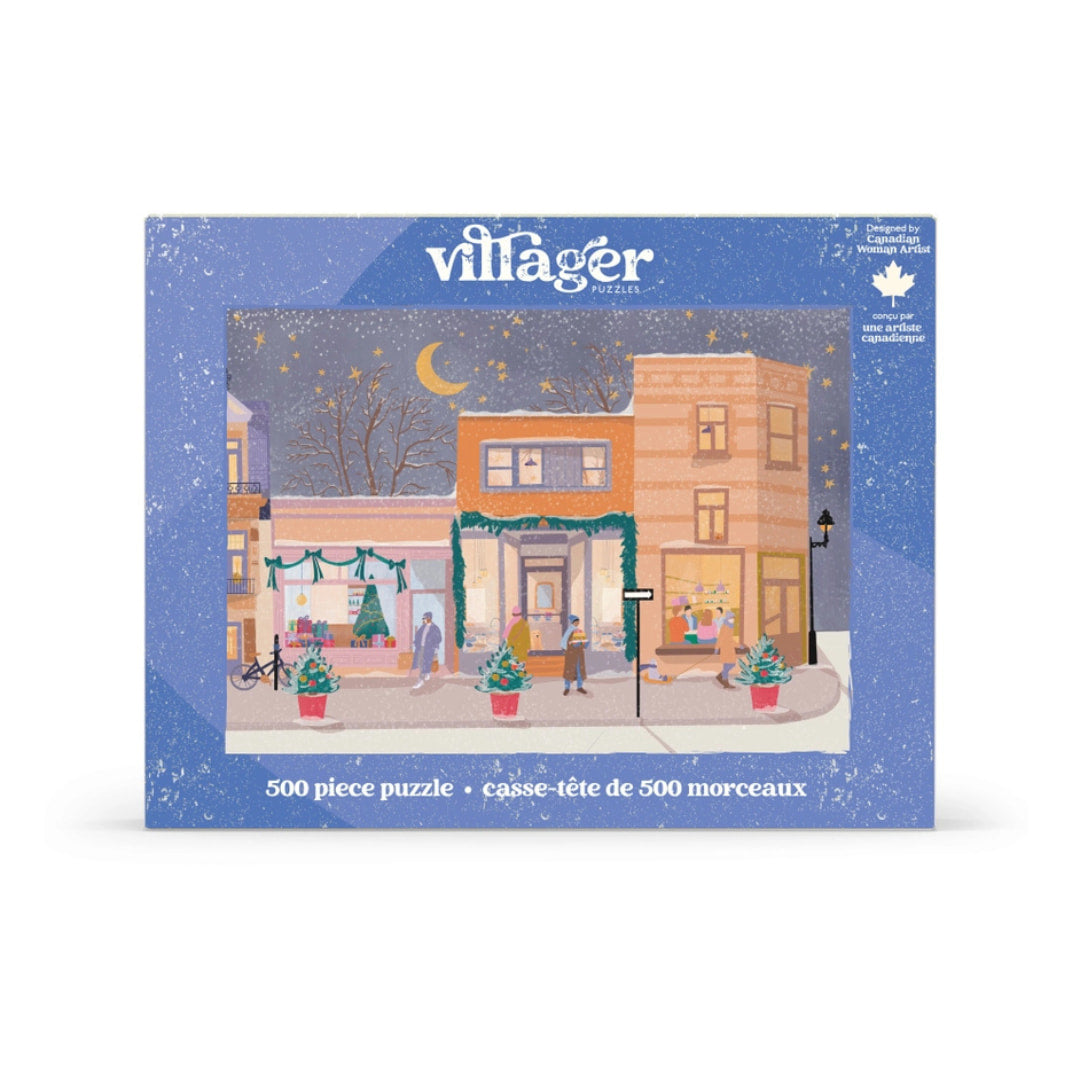 Villager 500 piece puzzle packaging with a winter scene illustration on a white background