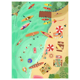 Illustration of a beach scene with kayaks, umbrellas, and people enjoying the sun.
