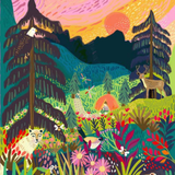 A colorful illustrated forest landscape with mountains, tall pine trees, wildflowers, a deer, a fox, birds, and a small campsite scene under a bright sunset sky.