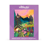 A 1000-piece jigsaw puzzle box by Villager Puzzles, featuring a colorful illustration of a mountain landscape with trees, flowers, and a sunset on a purple background.