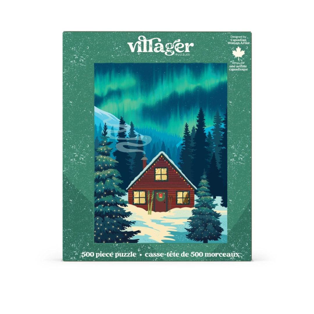 Villager puzzle box with a cabin and northern lights design on a white background