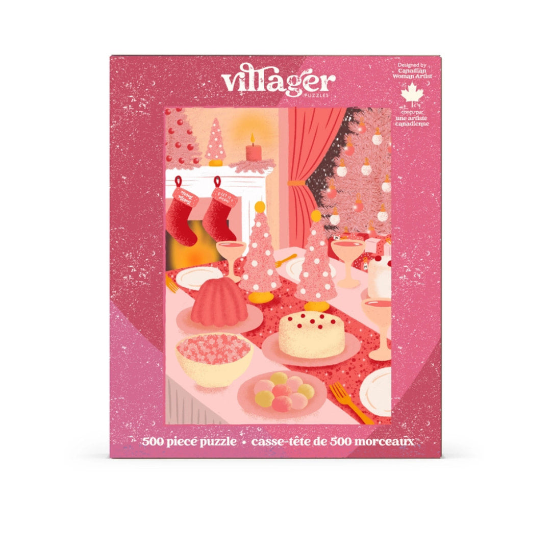 Villager Christmas puzzle box with festive scene illustration on a pink background