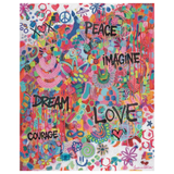 Colorful artwork with motivational phrases and symbols on a white background
