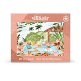 Villager 250-piece jigsaw puzzle box featuring a colorful tropical poolside illustration with dogs, palm trees, and a thatched cabana on a peach background.