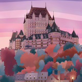 Stylized illustration of a large castle-like building with turrets rising above colorful trees, set against a pink and lavender striped sky.