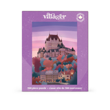 A 500-piece jigsaw puzzle box by villager Puzzles, featuring an illustration of a castle in an autumn-colored town under a pink and purple sky.