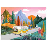 Illustration of a van and cyclist on a scenic road with mountains and trees.