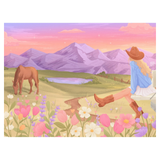 Illustration of a woman and horse in a pastoral scene with mountains and flowers.