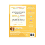 The back cover of a yellow and orange puzzle box titled 'Support women artists, one piece at a time' by Capni Sadler, featuring text, icons, social media handles, a small portrait photo, and a barcode on a white background.