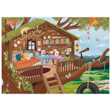 Illustration of a treehouse with books, toys, and decorations in a colorful outdoor setting.