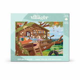 Villager puzzle box with a treehouse illustration on a light blue background