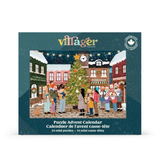 Villager Puzzles 'Puzzle Advent Calendar' box, featuring a festive illustration of a Christmas town square with people, a decorated tree, and colorful buildings on a dark teal background.