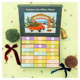 A Christmas advent calendar from The Holiday Village, shown open with 22 numbered doors in pastel colors. The dark green outer box features a winter illustration of a red truck under an arch.