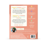 The back cover of a book or booklet titled 'Support women artists, one piece at a time' by Amy Dixon, featuring a peach and white design with text blocks, social media handles, a small photo of the author, and a barcode.