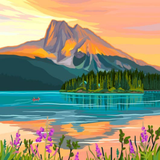 A stylized landscape artwork showing a mountain at sunset over a lake, with a small canoe on the water, a tree-lined island, and purple flowers in the foreground.