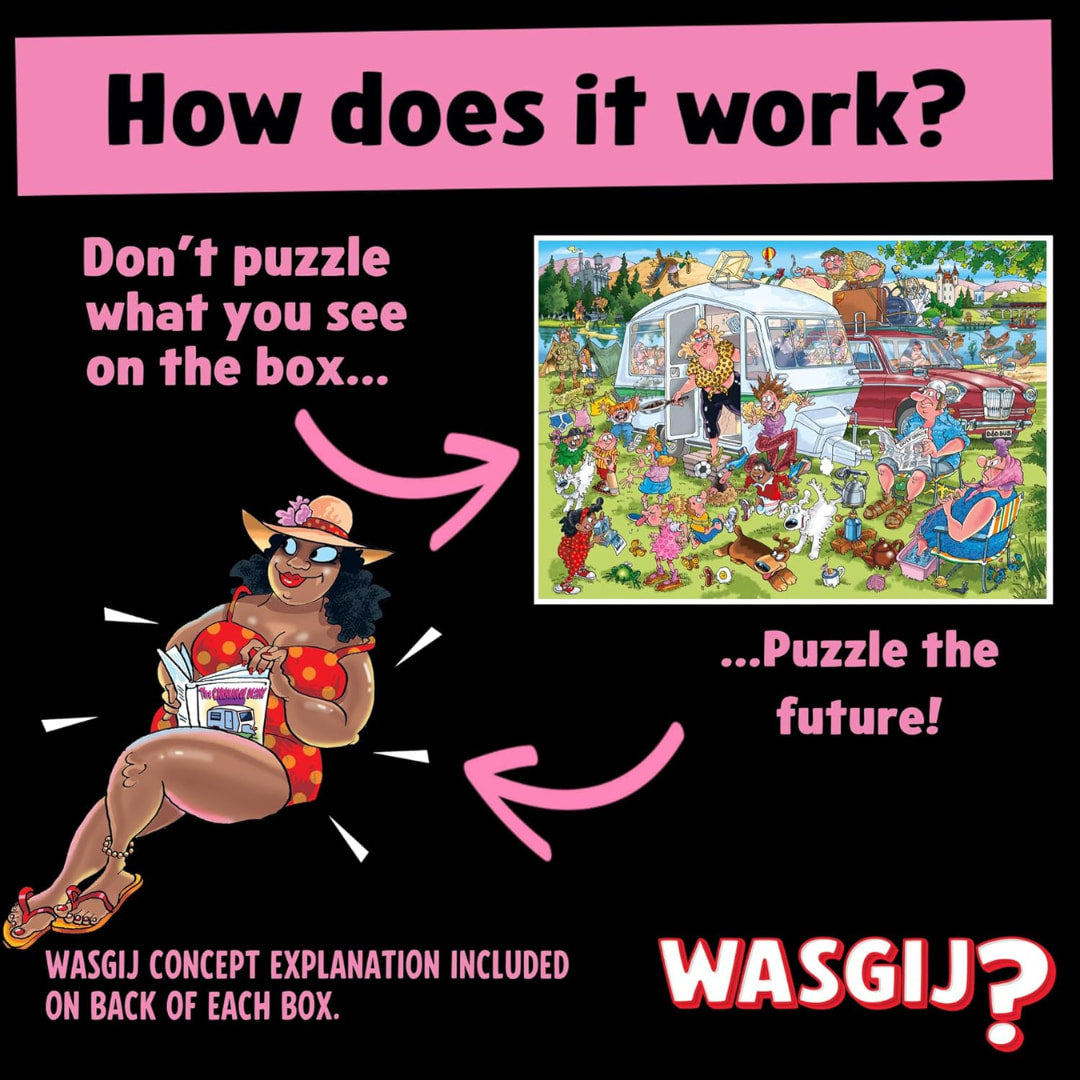 Promotional graphic for WASGIJ puzzle with a woman reading a magazine and a colorful puzzle image.