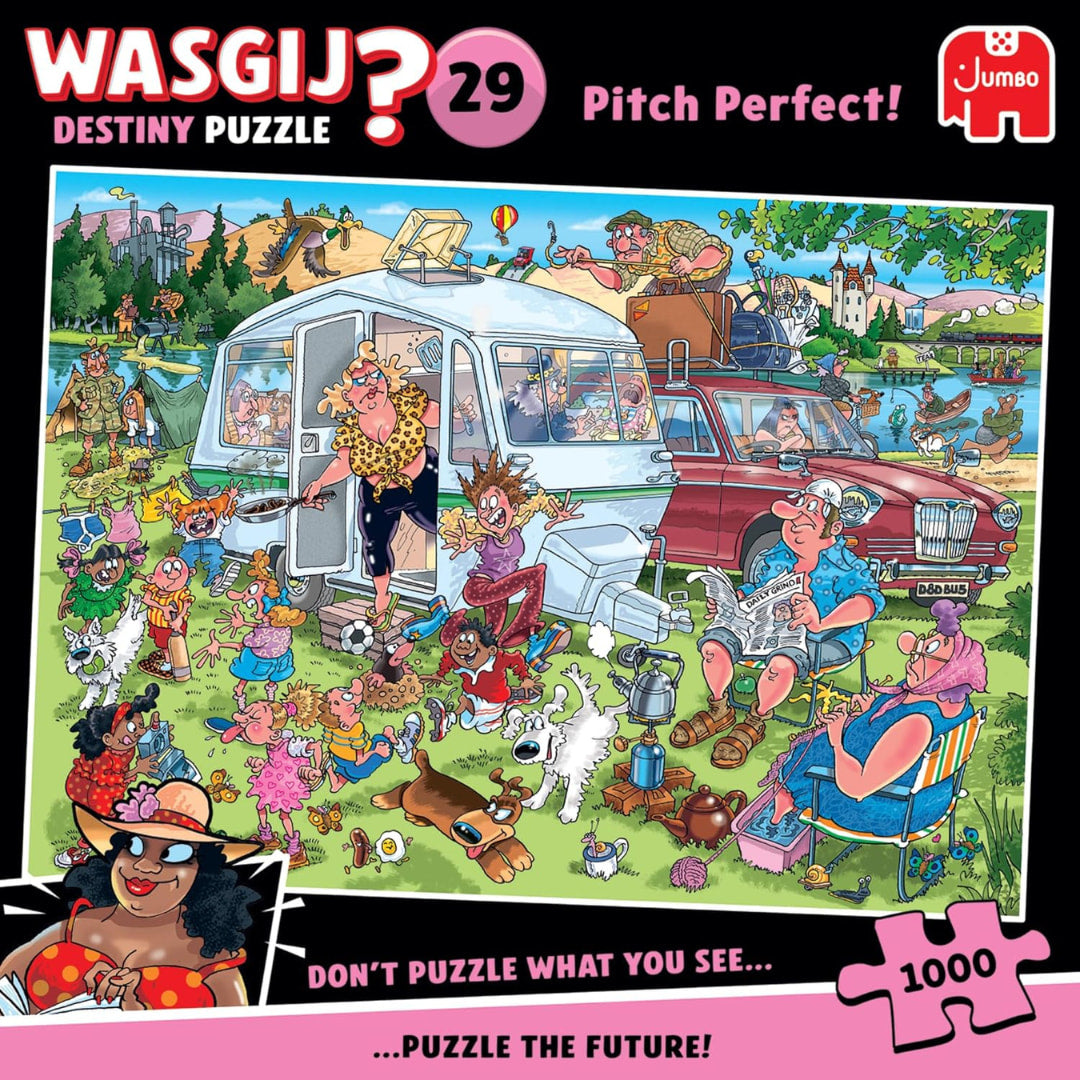 Jigsaw puzzle packaging with colorful illustration of a camping scene and text 'Wasgij? Destiny Puzzle 29 Pitch Perfect!'.