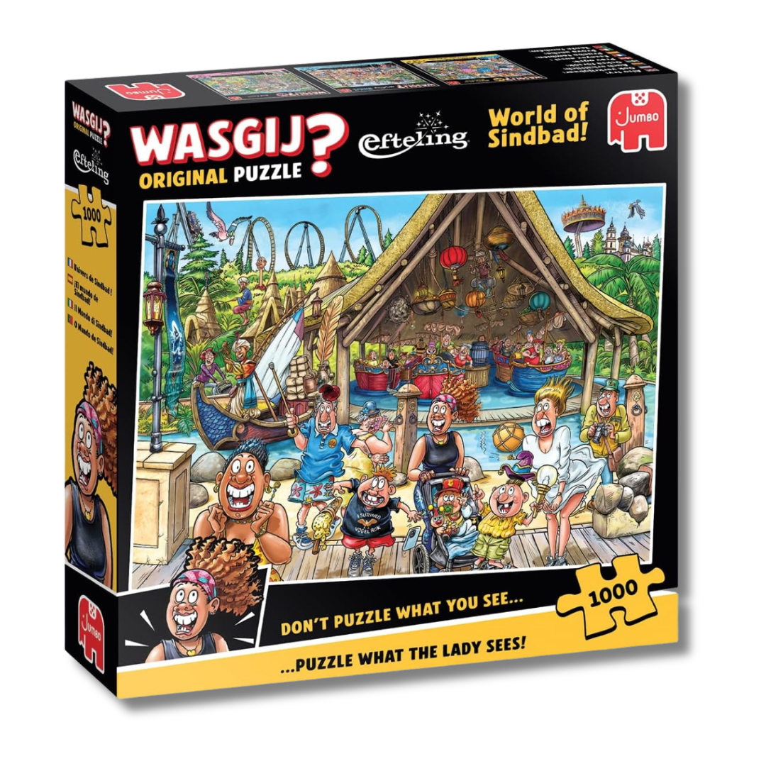 Jigsaw puzzle box featuring a colorful illustration of characters and a hut, with branding for Wasgij, Efteling, and Jumbo.