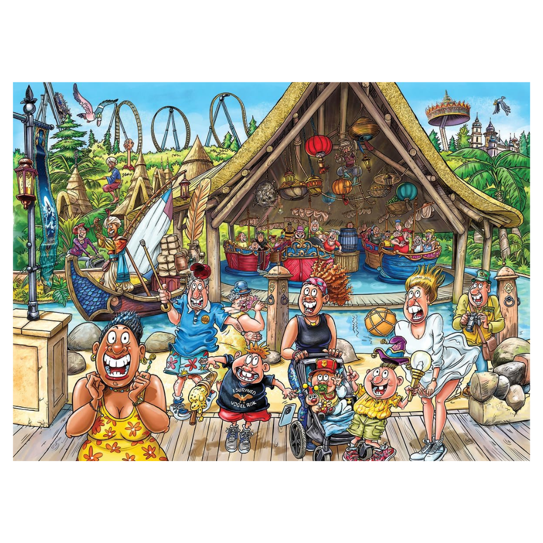 Cartoon scene with people at a fair or carnival, with a roller coaster in the background.