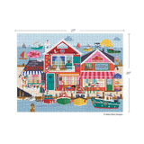 Colorful illustration of a seaside town with buildings and boats, featuring dimensions on a white background.