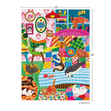 Colorful puzzle with cat-themed design and measurements on a white background