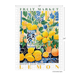 Jigsaw puzzle with lemon design and 'Fruit Market' text on a white background