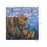 Colorful artwork of two highland cows with a blue sky and flowers in the background, featuring dimensions.