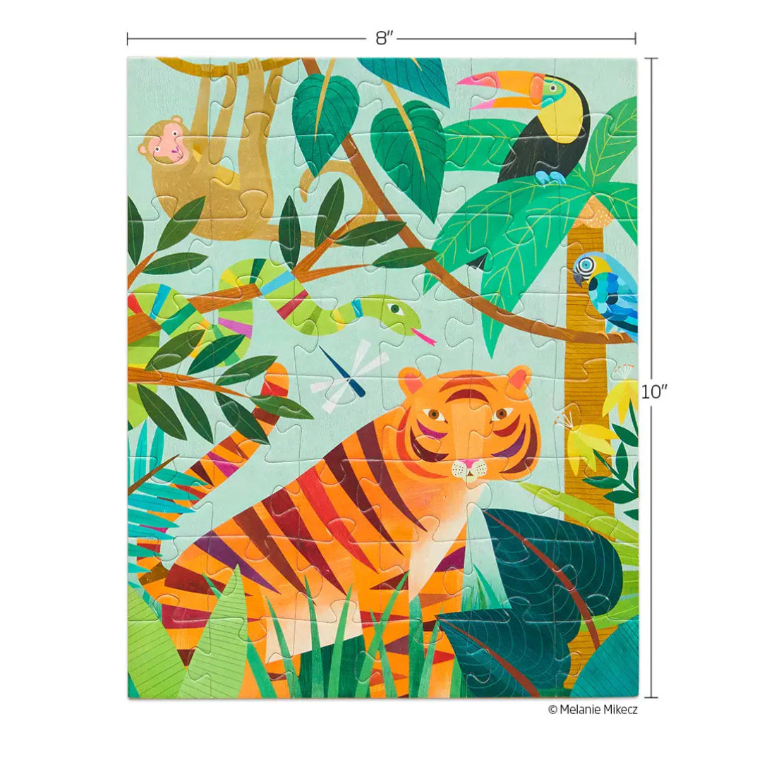 Jungle-themed puzzle with a tiger, parrots, and other animals, measuring 8x10 inches.