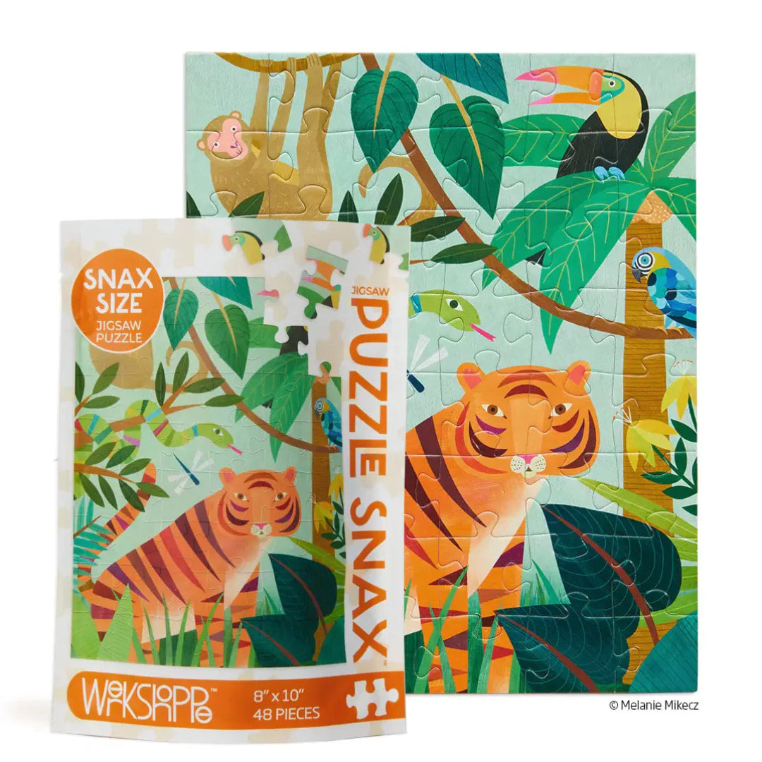 Jungle-themed puzzle with tiger design and packaging featuring 'Werkshoppe' brand.