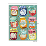 Illustration of various jam jars with colorful lids on a green background