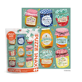 Jigsaw puzzle packaging with illustrations of jars labeled with various types of jam on a white background.