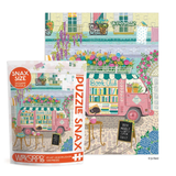 Snax size puzzle packaging with a pink bookmobile and 'Workshop' branding.