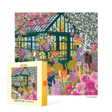 Jigsaw puzzle box with a colorful illustration of a garden scene featuring flowers and animals.