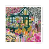 Colorful garden scene with flowers and a greenhouse, featuring dimensions on a white background.