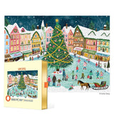 Christmas-themed puzzle with a snowy village scene and tree, featuring a box on the left.