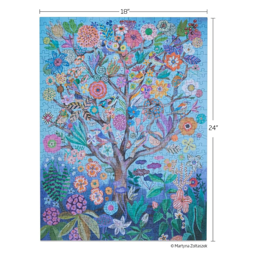Colorful floral tree design with dimensions on a blue background