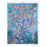 Colorful floral tree design with dimensions on a blue background