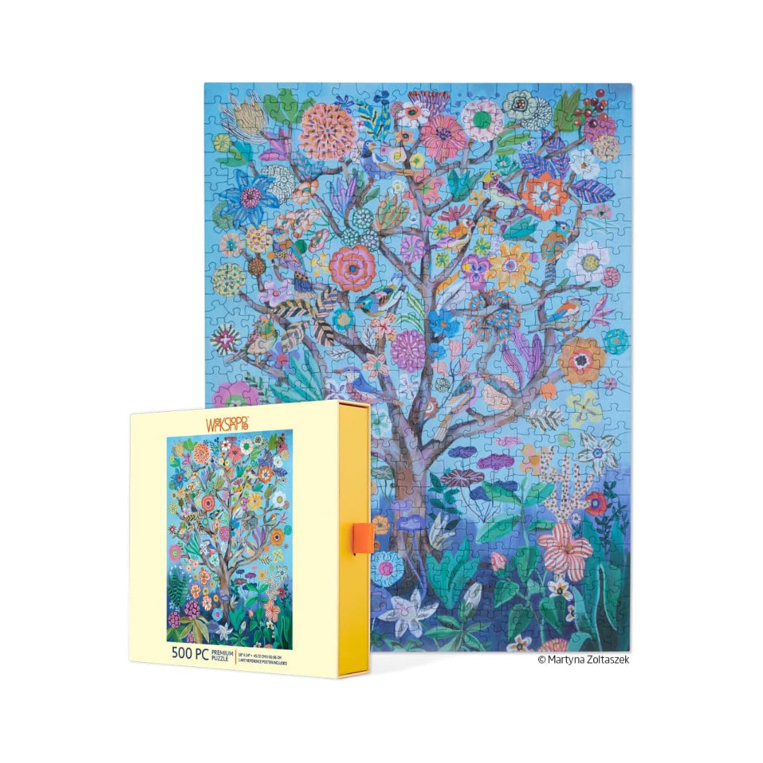 Colorful tree-themed puzzle with packaging on a white background