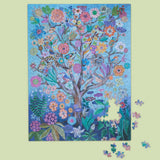 Colorful tree-themed puzzle on a light green background