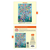 Jigsaw puzzle packaging with a colorful tree design on a white background