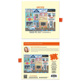 Front and back views of a Werkshoppe 1000-piece jigsaw puzzle featuring a colorful beach boardwalk scene, with a small orange bookmark ribbon on a white background.