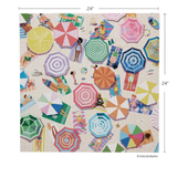 Colorful beach umbrella pattern with people on a beige background, shown with dimensions.