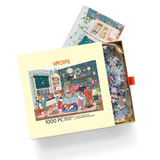 A 1000-piece jigsaw puzzle box by Werkshoppe, shown open to reveal the colorful puzzle pieces inside. The box features a detailed illustration of a cozy, decorated room with characters, set against a clean white background.