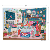 A square jigsaw puzzle featuring a whimsical, busy Christmas bedroom scene with a bed, stockings, gifts, stars, and holiday decorations. The puzzle is shown centered on a white background with dimension lines indicating 27 inches wide by 20 inches tall, and a small copyright credit '© Sally Wilson' appears at the bottom right.